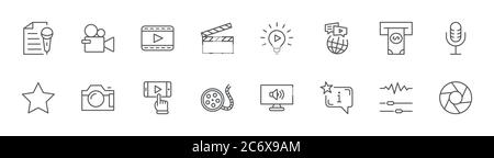 International Film Day Line Icons. Camera Video Play Film, Lens. Editable Stroke Stock Vector