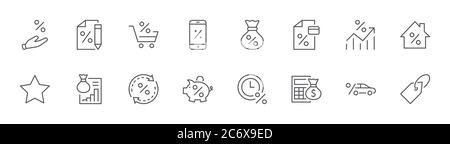 Credit Loan Line Icons. Credit Card, Rate Calculator, Deposit. Editable Stroke Stock Vector