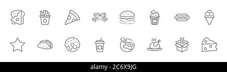 Foods, Drinks Line Icons. Pizza, Egg, Meat, Sushi, Chicken, Hamburger. Stroke Stock Vector