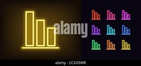 Neon downfall graph icon. Glowing neon drop diagram sign, down bar chart in vivid colors. Financial forecast, reduce results, falling trend. Bright ic Stock Vector