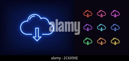 Neon cloudy download icon. Glowing neon cloud storage sign, set of isolated network server service in vivid colors. Cloud downloading data platform. I Stock Vector