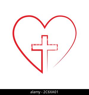 Red heart with christian cross in the hands. Vector illustration. A ...