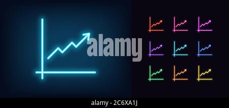 Neon upward chart icon. Glowing neon growth chart sign, up arrow in vivid colors. Financial forecast, enhance results, growing trend. Bright icon set, Stock Vector