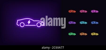 Neon electric car icon. Glowing neon electro car sign, electric vehicle in vivid colors. Eco fuel technology, car charge station by electricity. Brigh Stock Vector