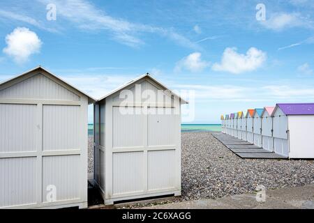 Cabins on Tréport beach in Normandy, France Stock Photo