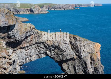 Man standing on arch of Green bridge of Wales nr Castlemartin, Pembrokeshire Wales UK Stock Photo