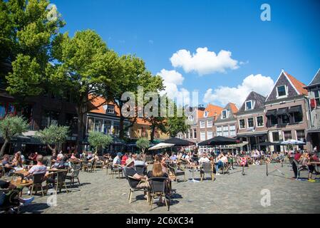 terraces in city centre of Hoorn, Holland Stock Photo