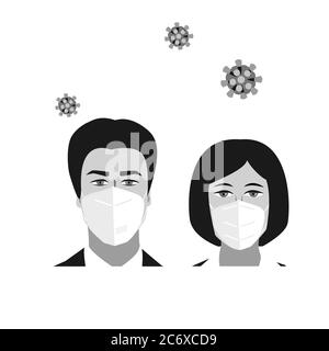 People woman and man faces with medical masks. Coronavirus prevention icon for public places. Vector illustration isolated on white background Stock Vector