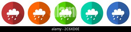 Rain icon set, red, blue, green and orange flat design web buttons isolated on white background, vector illustration Stock Vector