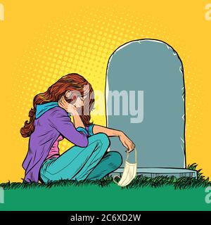 a widow or daughter who lost a family member in an epidemic. Girl with a medical mask near the grave Stock Vector
