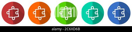 Puzzle icon set, red, blue, green and orange flat design web buttons isolated on white background, vector illustration Stock Vector