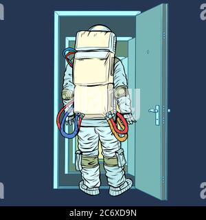 astronaut stands in front of an open door. New discoveries Stock Vector