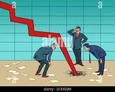 Businessmen are puzzled. The chart goes down and broke the floor Stock Vector