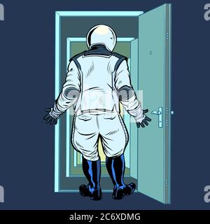 modern astronaut stands in front of an open door. New discoveries Stock Vector