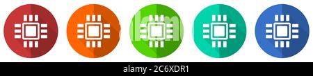 Circuit icon set, technology, chip, processor, red, blue, green and orange flat design web buttons isolated on white background, vector illustration Stock Vector