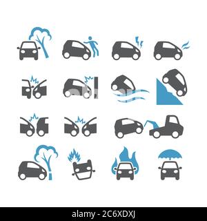 Car accident, insurance black vector icon set. Frontal collision, crush, flood, fire car accidents glyph icons. Stock Vector