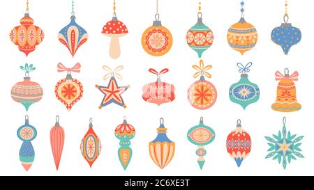 Christmas toys. Cute xmas decorative elements, holiday winter toys with lace ornament and garlands, new year decorations cartoon vector set Stock Vector