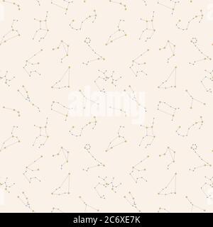 Zodiac constellations seamless pattern design. Zodiac with stars and dashed line in gold and grey pattern for print or fabric. Stock Vector