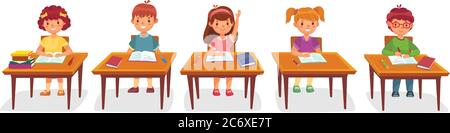 Primary school pupils sit at desk. Elementary education, children writing in copybook, raising hand to answer Stock Vector