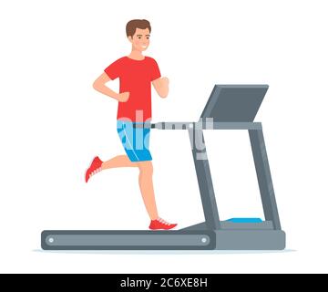 Young man is running on a treadmill. Vector illustration in flat style, isolated on white Stock Vector