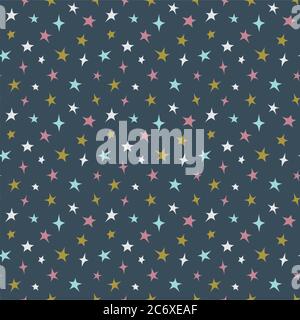 Colorful stars, night sky seamless pattern. Blue, pink, golden star pattern for print, background or fabric. Stock Vector