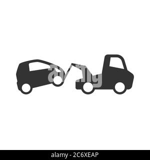 Towing wrecker truck and car simple  vector icon. Car accident, wreck or tow help service black glyph symbol. Stock Vector