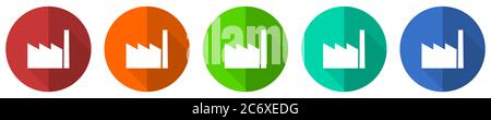 Factory icon set, red, blue, green and orange flat design web buttons isolated on white background, vector illustration Stock Vector