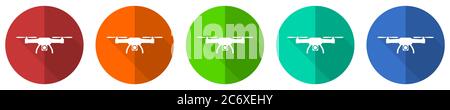 Drone icon set, copter, aerial camera, red, blue, green and orange flat design web buttons isolated on white background, vector illustration Stock Vector