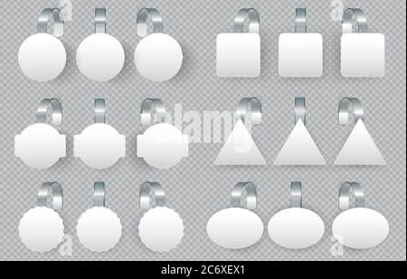 Sales tags wobblers on bended transparent stripe. White round, square, triangle and oval tag for supermarket Stock Vector