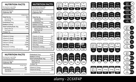 Nutrition facts information label. Daily value ingredient amounts calories guideline protein, fats in grams and percent tables vector set Stock Vector