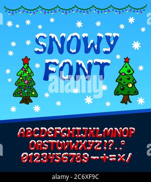 Beautiful christmas font with two trees and snow Stock Vector