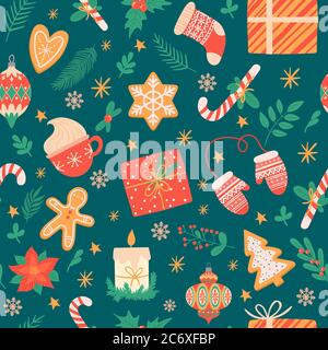 Christmas seamless pattern. Traditional xmas attributes, christmas tree toys, gingerbread, presents for cards and wrapping vector texture Stock Vector