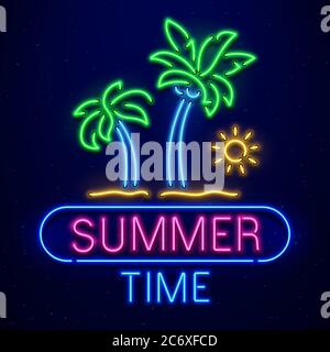 Summer time neon sign. Palm trees on sand beach, sun isolated on dark blue background. Summer logo, banner Stock Vector