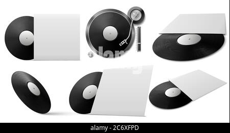 Vinyl record mockup. Realistic black vinyl disc with cover from different angles, music object for disco party, jukebox vector template Stock Vector