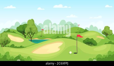 Golf course. Green landscape with flags and sand ground, golf cart on lawn, course for tournament game golf vector background Stock Vector