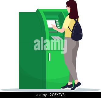Women use ATM semi flat RGB color vector illustration. Girl withdraw money from self service kiosk. Terminal for money transaction. Bank customer isol Stock Vector