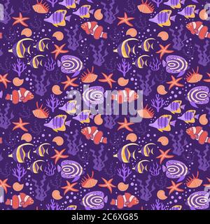 Tropical fish seamless pattern. Cute cartoon underwater creatures on purple background. Vector illustration. Stock Vector
