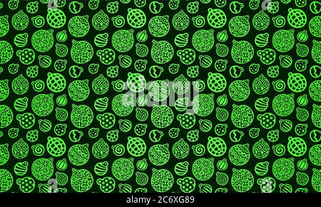 Beautiful seamless pattern with various light green christmas toys on dark background Stock Vector