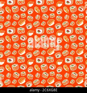 Beautiful seamless pattern with sushi on orange background Stock Vector