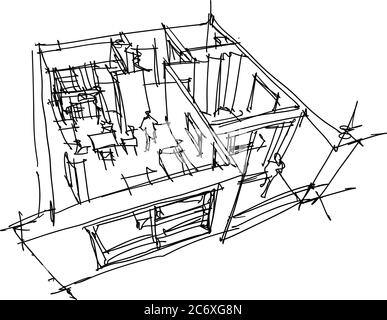 hand drawn sketch of Perspective cut away diagram of a one bedroom apartment completely furnished Stock Vector