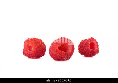 Three ripe raspberries isolated on white background.  Close up. Copy space. Stock Photo