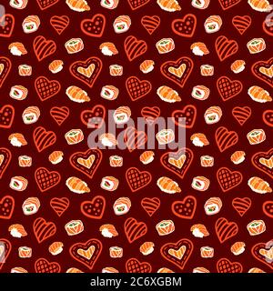 Beautiful repeatable pattern with red hearts and sushi food on purple background Stock Vector