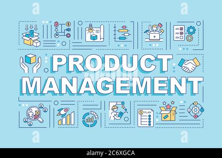 Product management word concepts banner. Marketing professional. Production supervisor. Infographics with linear icons on blue background. Isolated ty Stock Vector