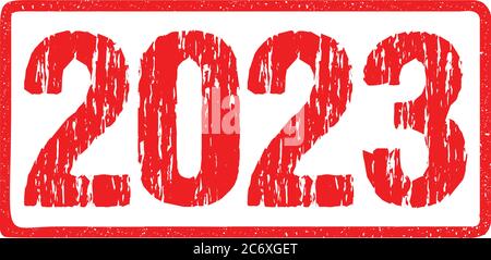 2023 Year Distressed Rough Numbers Sign Typography Isolated on White. Red Ink Grunge Rubber Stamp Imitation Effect Stock Vector