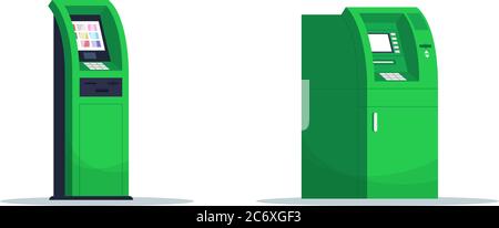 Self serving kiosks semi flat RGB color vector illustration set. ATM for cash withdrawal. Financial operation with automated machine. Bank terminal is Stock Vector