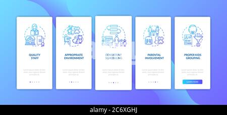 Babycare center effectiveness components onboarding mobile app page screen with concepts. Preschool education. Walkthrough 5 steps graphic instruction Stock Vector