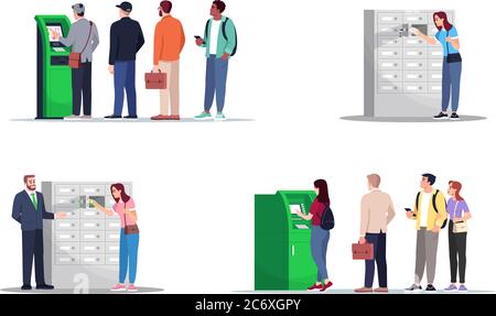 Money storage and withdrawal semi flat RGB color vector illustration set. Self serving kiosk client. Bank service customers isolated cartoon character Stock Vector