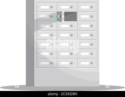 Cell storage shelves semi flat RGB color vector illustration. Private money safety. Security for confidential wealth. Closed archives. Bank store isol Stock Vector