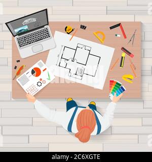 Architect construction engineering planning and creating process with proffesional tools. Projects technical concept. Builder Workplace top view Stock Vector