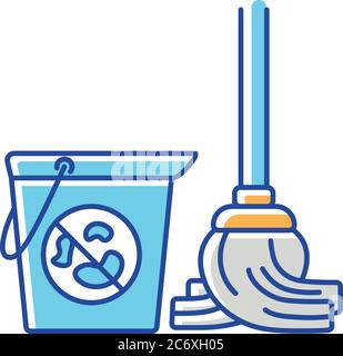Floor mopping RGB color icon. Room disinfection, home cleaning. Housework, domestic chores. Mop and bucket with antibacterial detergent isolated vecto Stock Vector